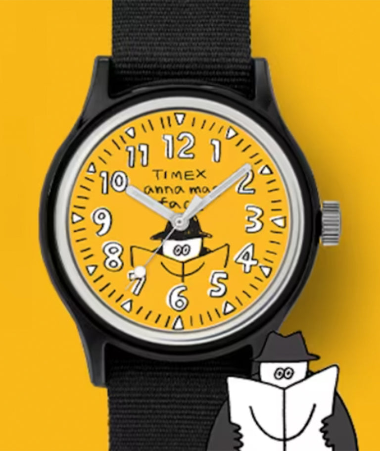 Watch with cartoon character at the lower right with a yellow background