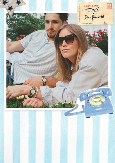 A collage featuring a young couple lounging on a picnic blanket wearing Timex x Dimepiece watches. The woman wears oversized black sunglasses, a light button-down shirt, and a chunky pearl bracelet beside the black watch. The man wears a light blue striped shirt and the same watch style. Surrounding images show close-ups of the woman's wrist, vintage stickers like ice cream cones, a blue toy car, stars, and a red lighter with a heart. A "Postcard" graphic in the top right corner reads "Timex x Dimepiece ♥"