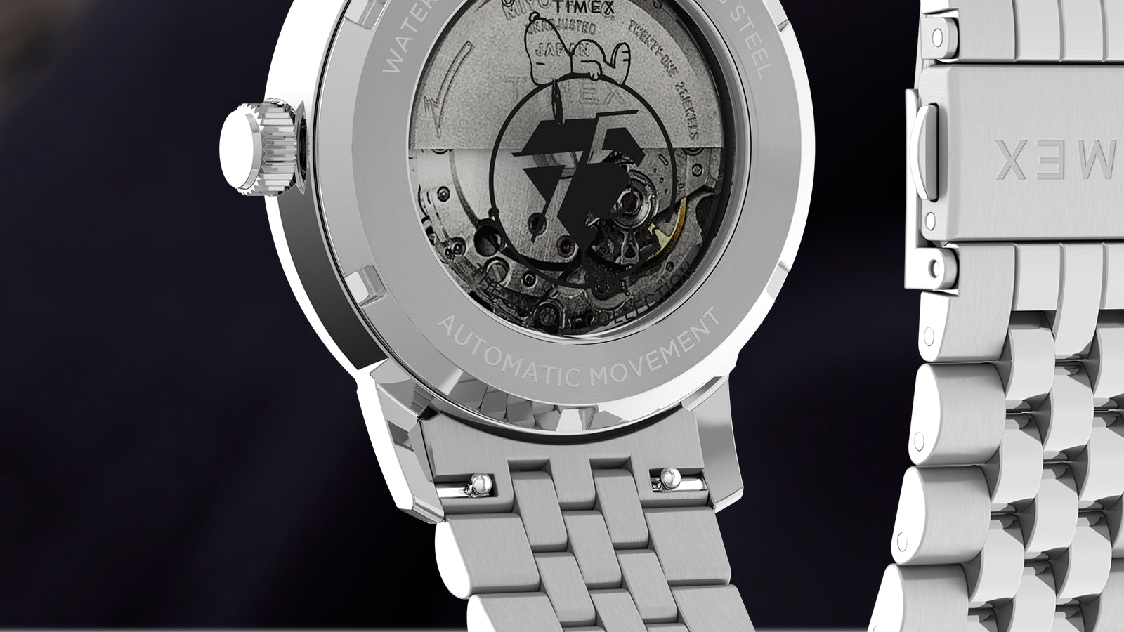 Render of the Timex x Peanuts® Marlin® Automatic watch’s exhibition caseback, revealing the mechanical movement engraved with Snoopy and the 75 Years logo, along with text indicating stainless steel and automatic movement.