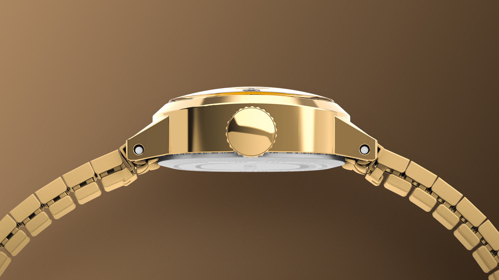 Side profile of the Timex Cavatina Mini gold-tone watch, highlighting its slim polished case and expansion bracelet.