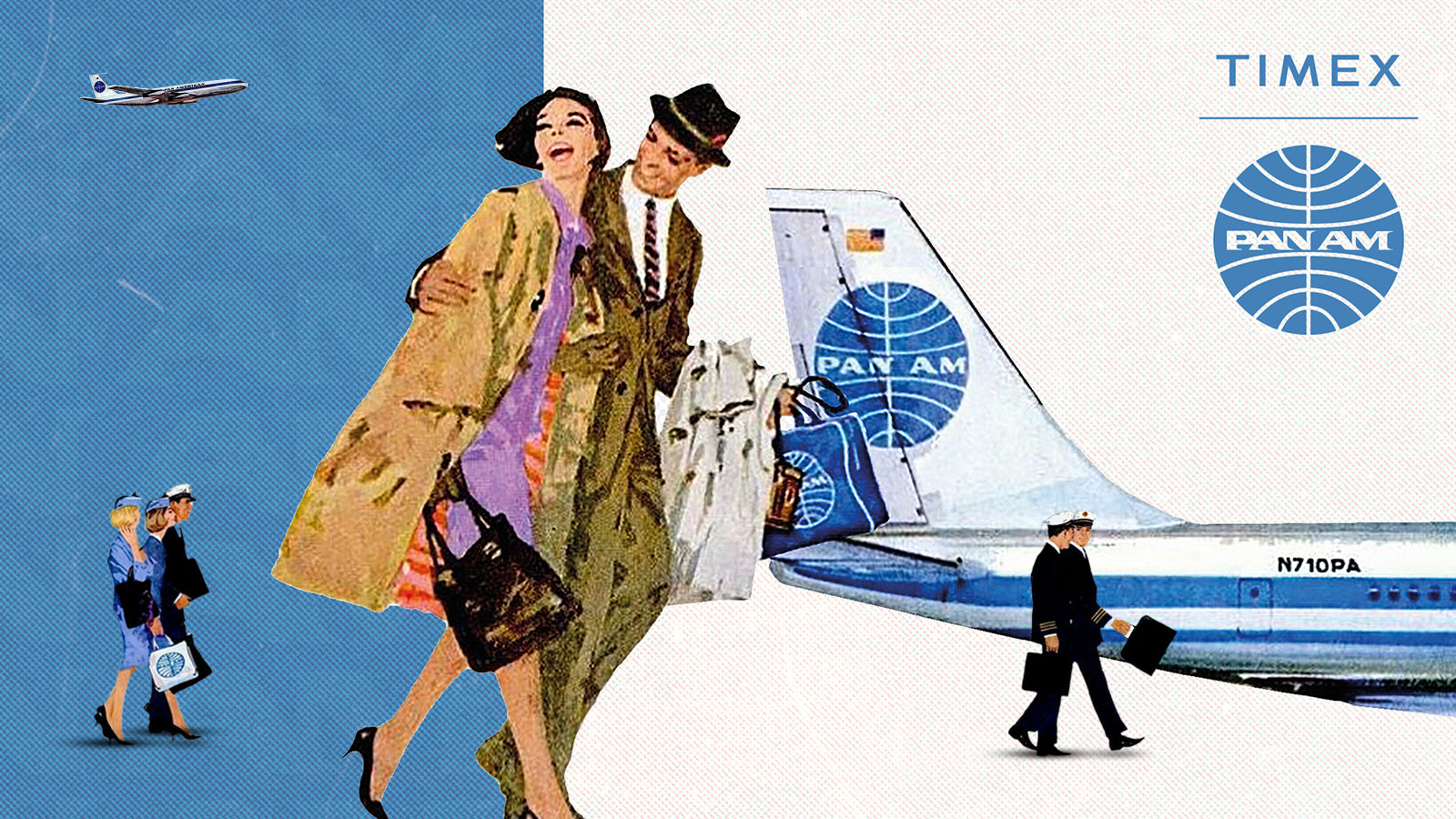 Vintage Pan Am inspired illustration featuring travelers and pilots, alongside the Timex and Pan Am logos.