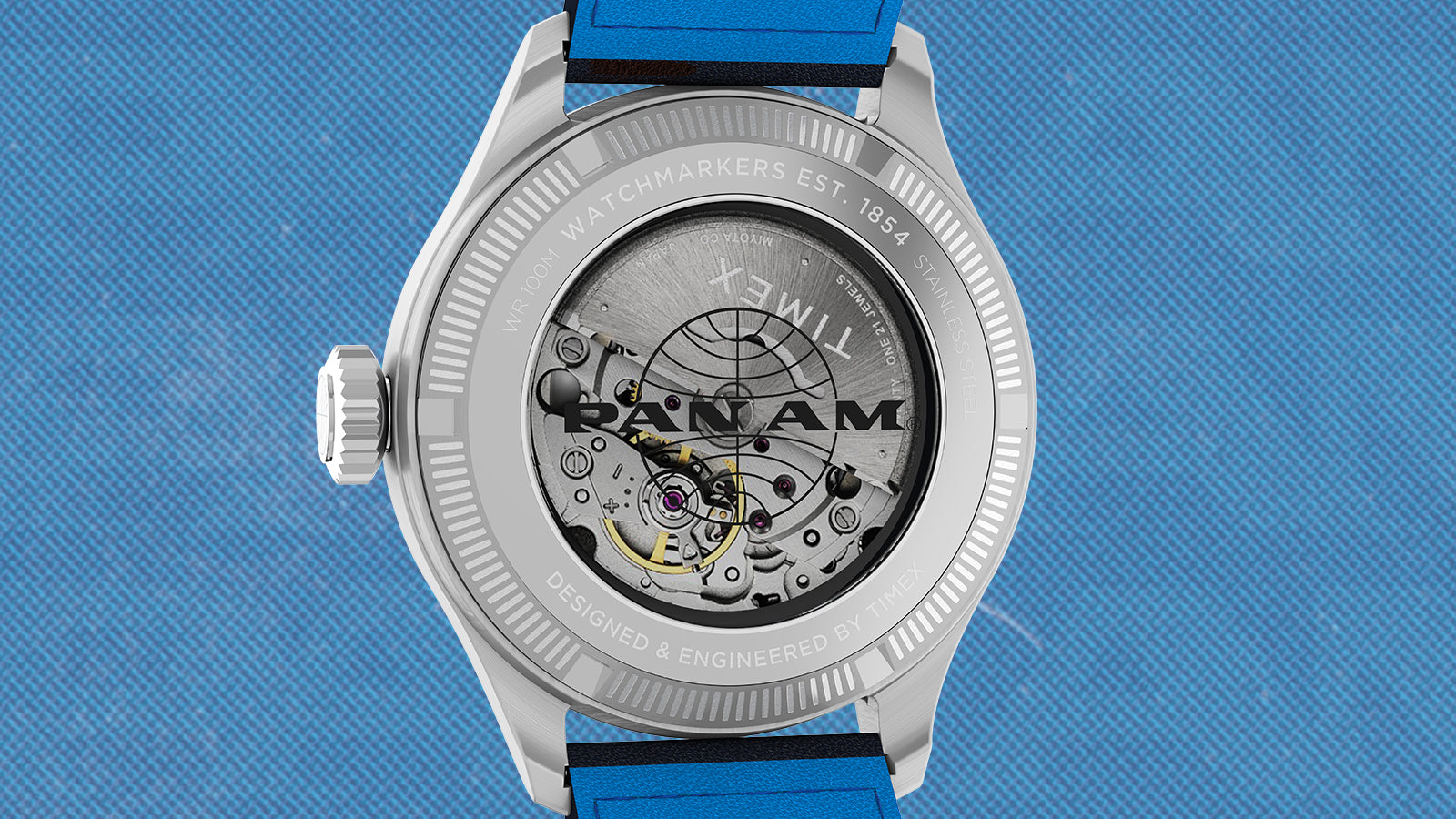 Exhibition case back of the Timex x Pan Am® Waterbury Ace, revealing the automatic movement with Pan Am globe logo printed on the crystal.