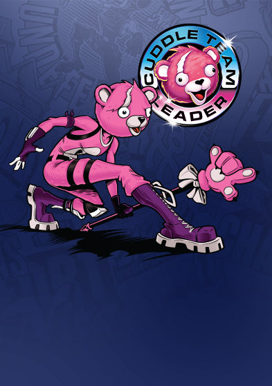 Illustration of Fortnite’s Cuddle Team Leader character beside the Timex x Fortnite Acadia Cuddle Team Leader logo on a deep blue Fortnite background.