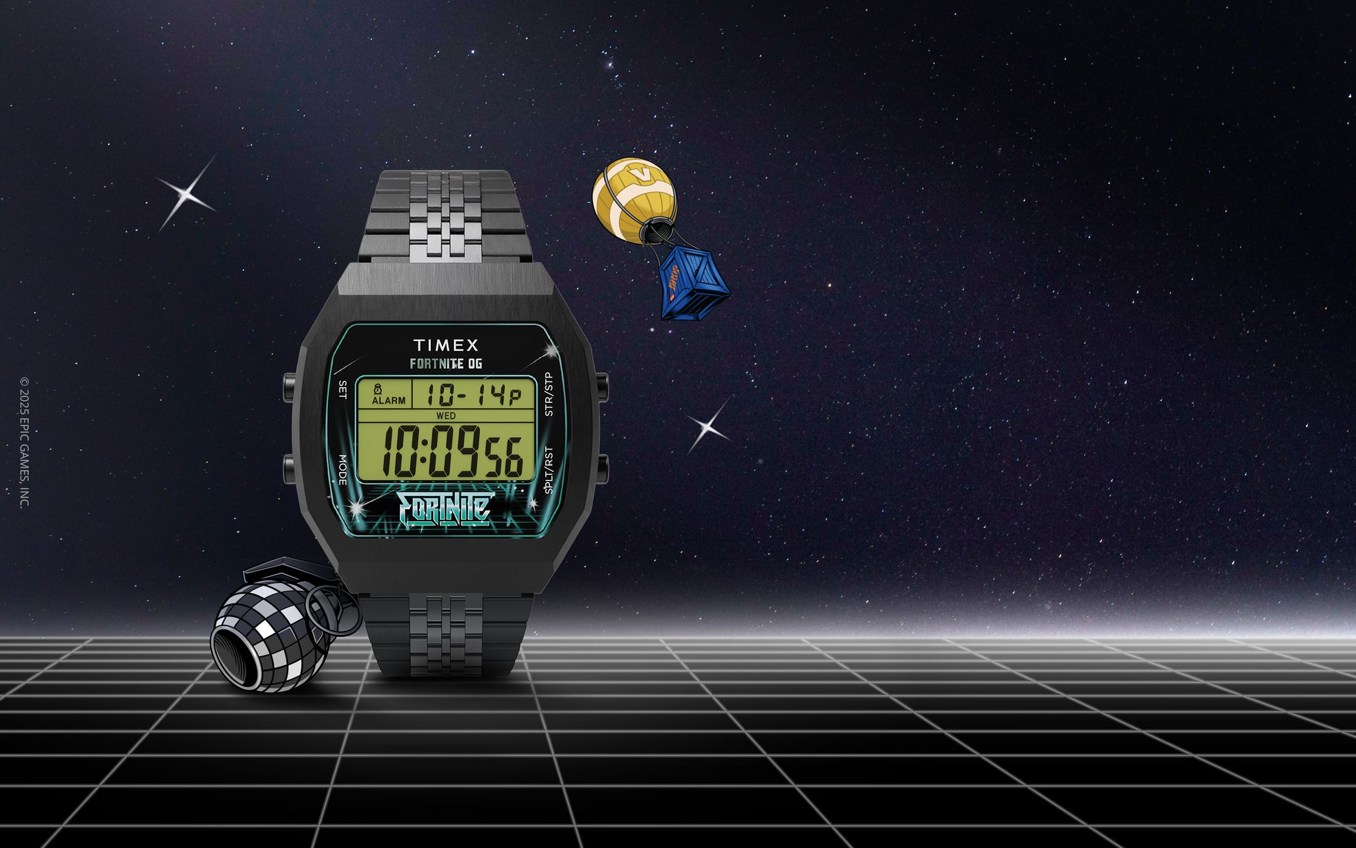 Timex x Fortnite T80 digital watch displayed on a futuristic grid with Fortnite-themed icons and loot crate graphics floating in space.