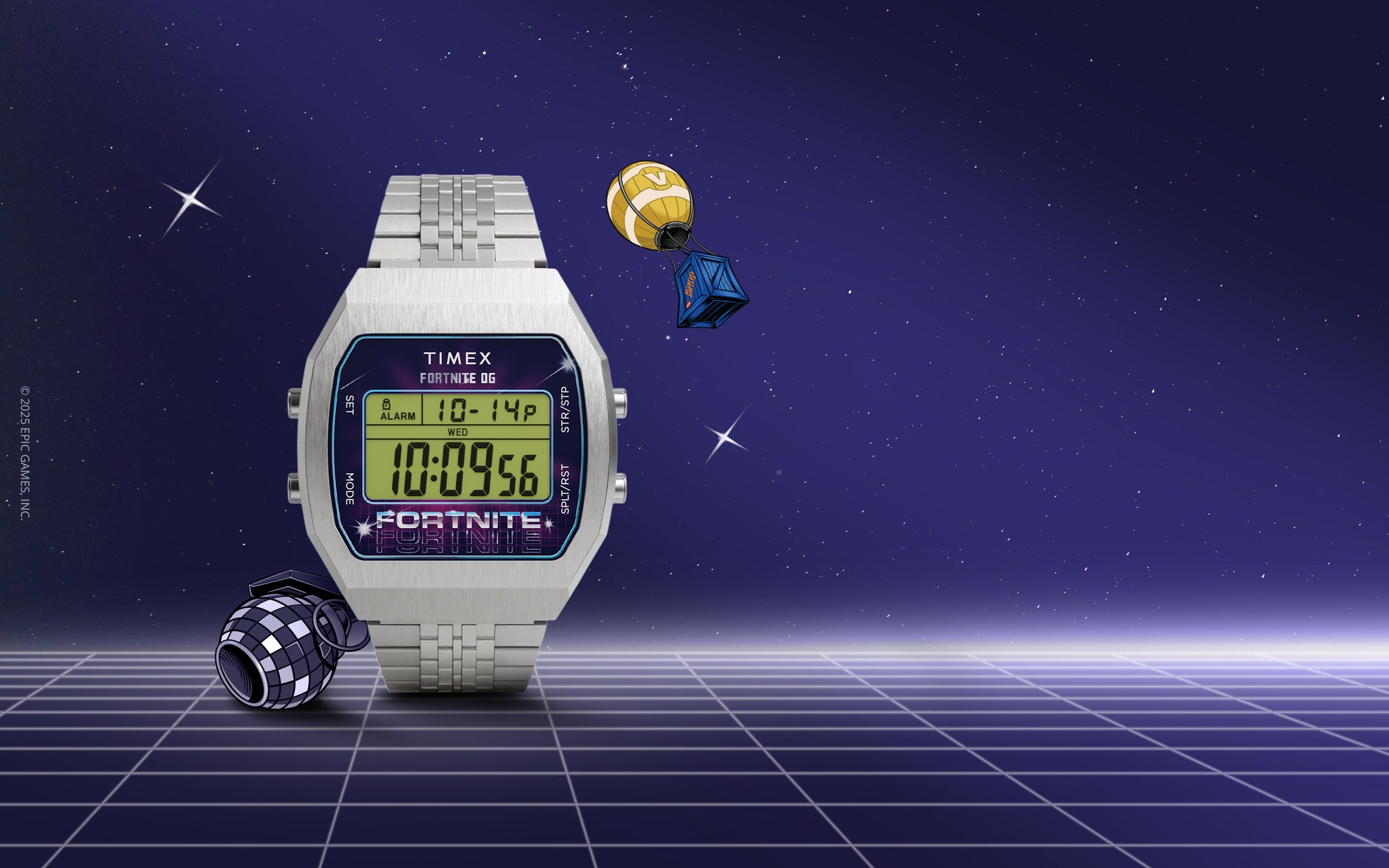 Timex x Fortnite T80 silver digital watch displayed against a starry purple background with Fortnite-themed items floating nearby, featuring the time 10:09 on the illuminated screen.