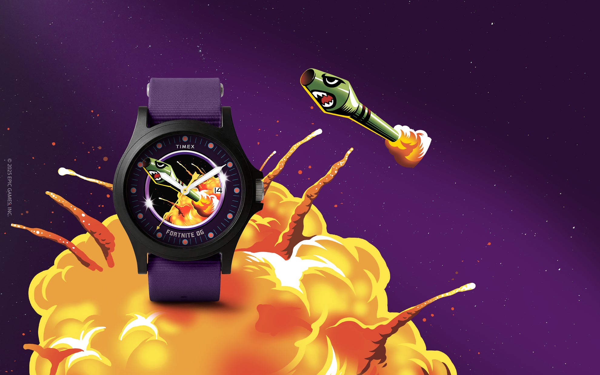 Illustration of Fortnite character with a rocket launcher beside the Timex x Fortnite Acadia watch design inspired by the Fortnite OG theme.