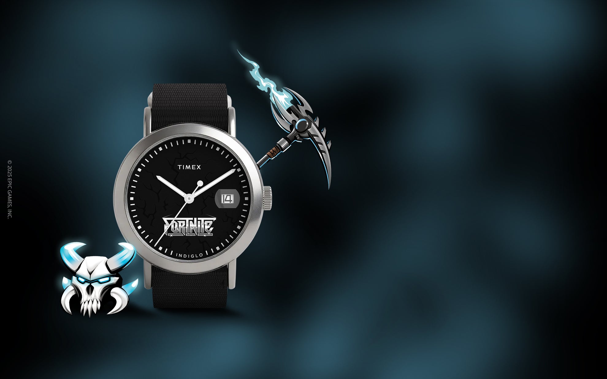 Front close-up of Timex x Fortnite Weekender watch showing glowing electric blue lightning Indiglo dial and Fortnite logo.