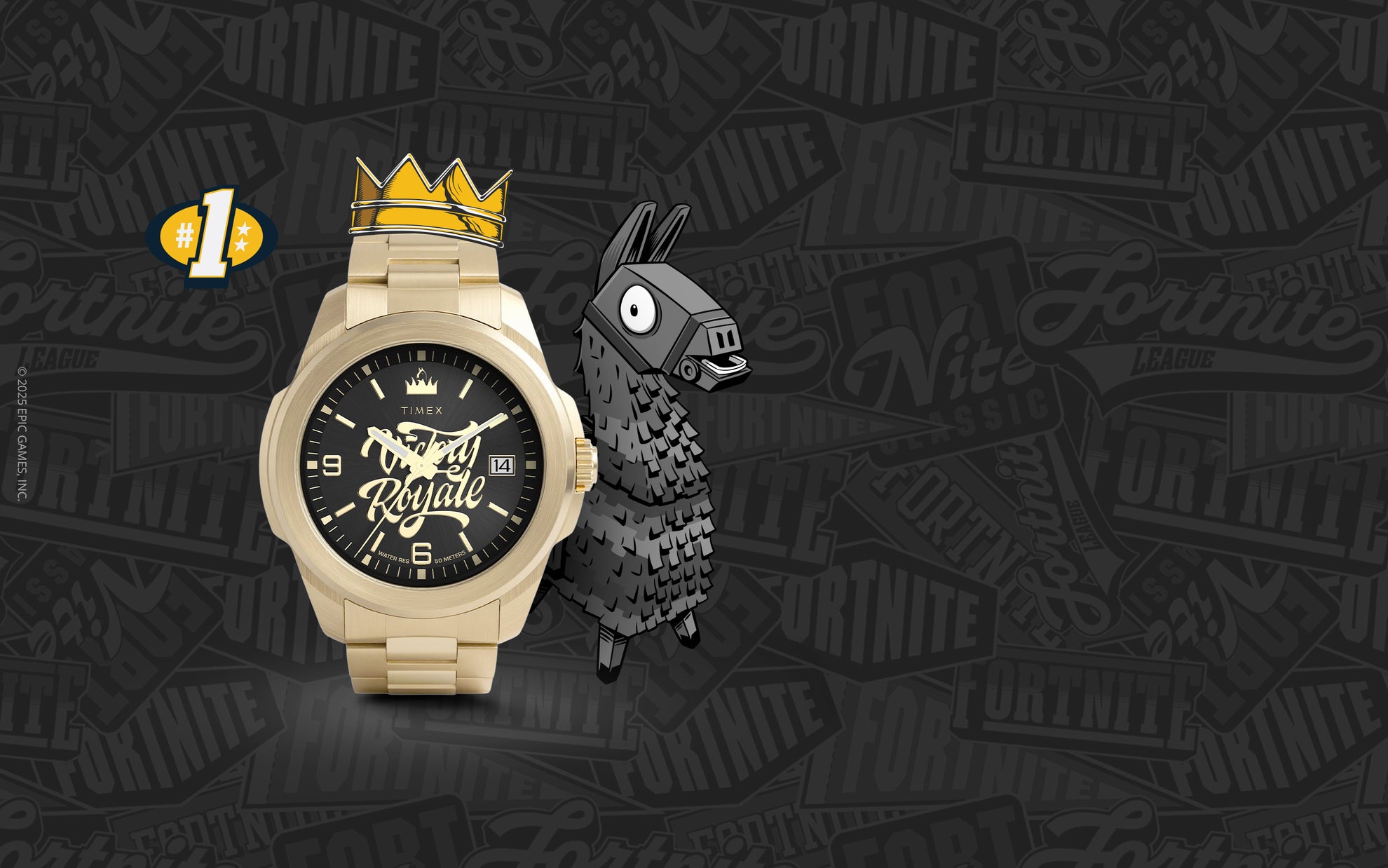Timex x Fortnite Essex watch with golden crown motif and Fortnite Llama beside, on dark Fortnite-themed background.