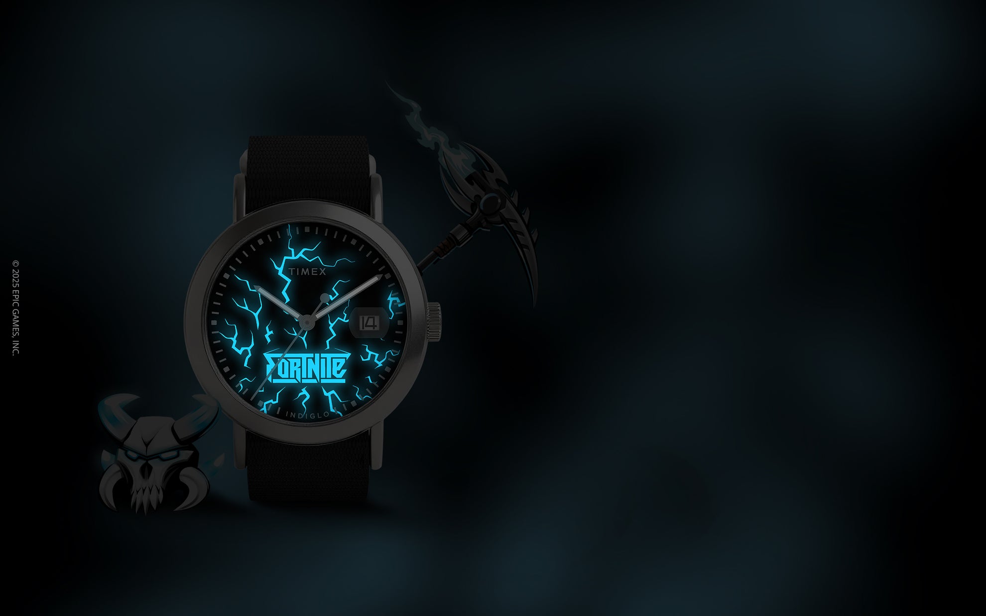 Timex x Fortnite Weekender watch featuring a black dial with Fortnite logo and Indiglo backlight design inspired by the Ice King theme.