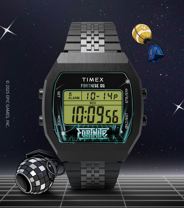 Timex x Fortnite T80 digital watch displayed on a futuristic grid with Fortnite-themed icons and loot crate graphics floating in space.