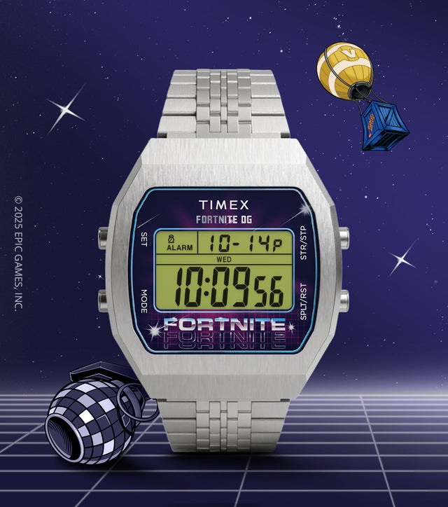 Timex x Fortnite T80 silver digital watch displayed against a starry purple background with Fortnite-themed items floating nearby, featuring the time 10:09 on the illuminated screen.