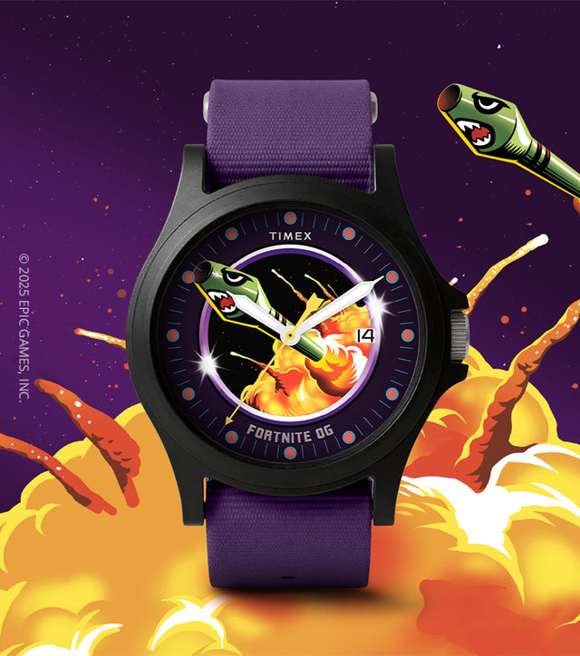 Illustration of Fortnite character with a rocket launcher beside the Timex x Fortnite Acadia watch design inspired by the Fortnite OG theme.