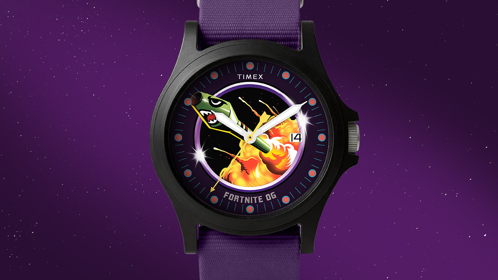Timex x Fortnite Acadia watch with Fortnite OG design showing a rocket blasting through flames on the dial, paired with a purple strap.
