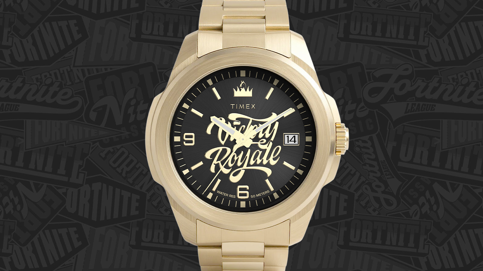Timex x Fortnite Essex watch in gold-tone stainless steel featuring Victory Royale text on black dial.