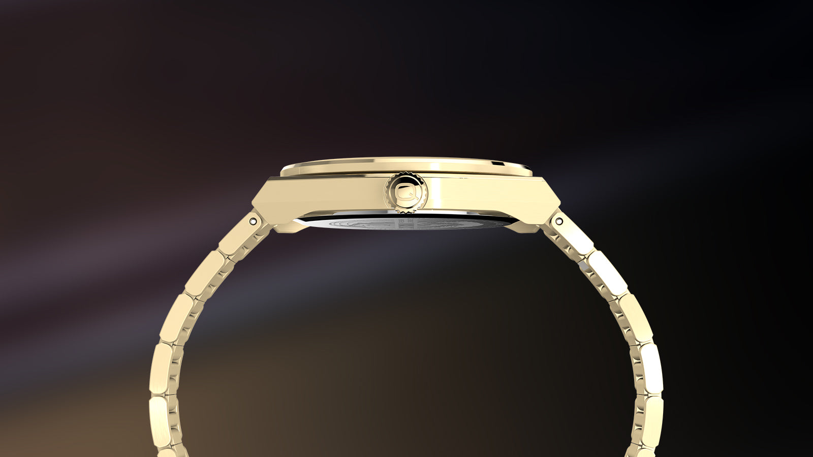 Side profile of the gold-tone Q Timex® Continental Day and Date watch showing its slim, angular case design and textured crown. The gold stainless-steel bracelet arches smoothly, emphasizing its refined construction and retro aesthetic.