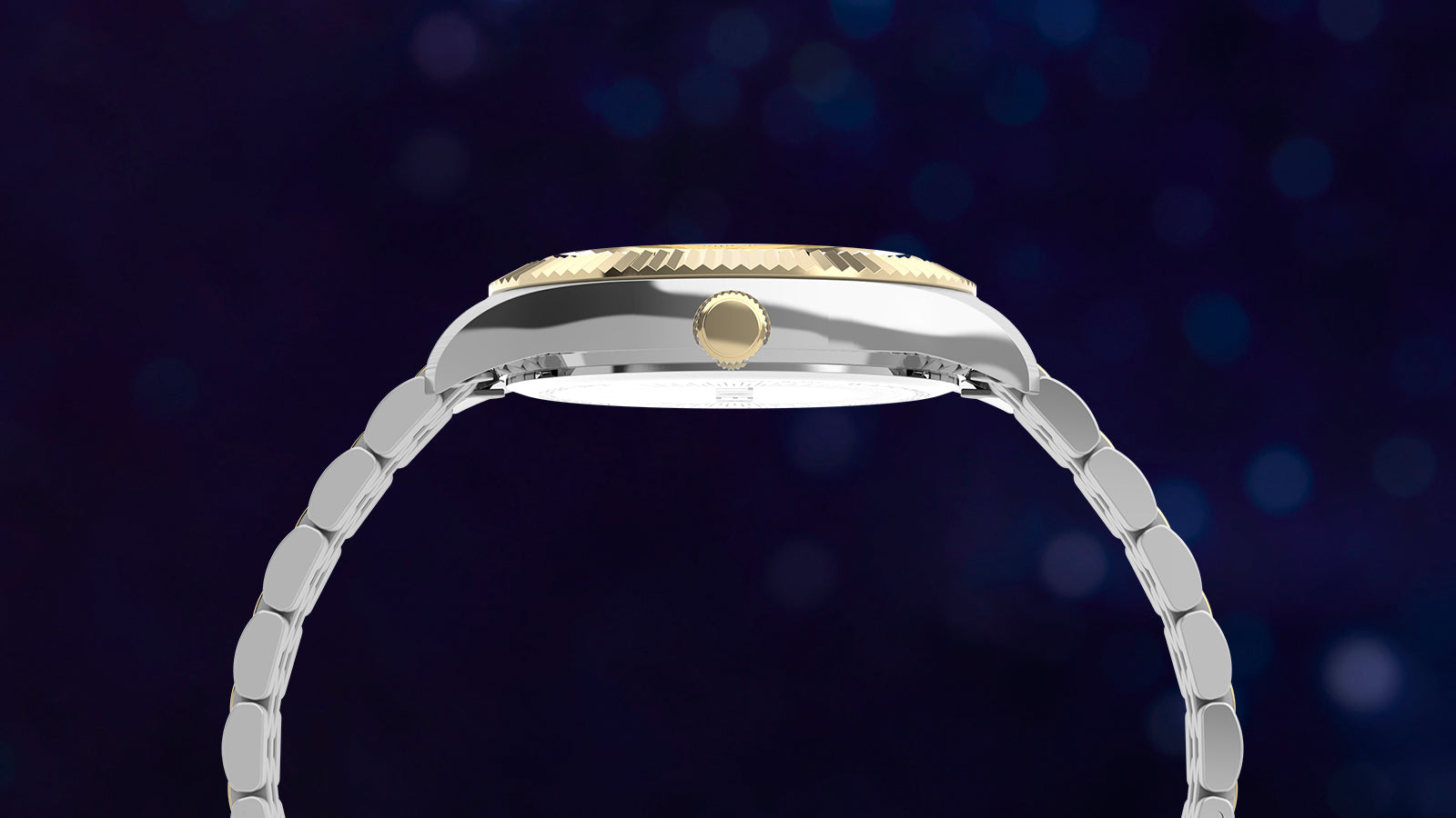 Side profile of the Timex Legacy watch highlighting its slim stainless-steel case, fluted gold-tone bezel, and polished bracelet links.