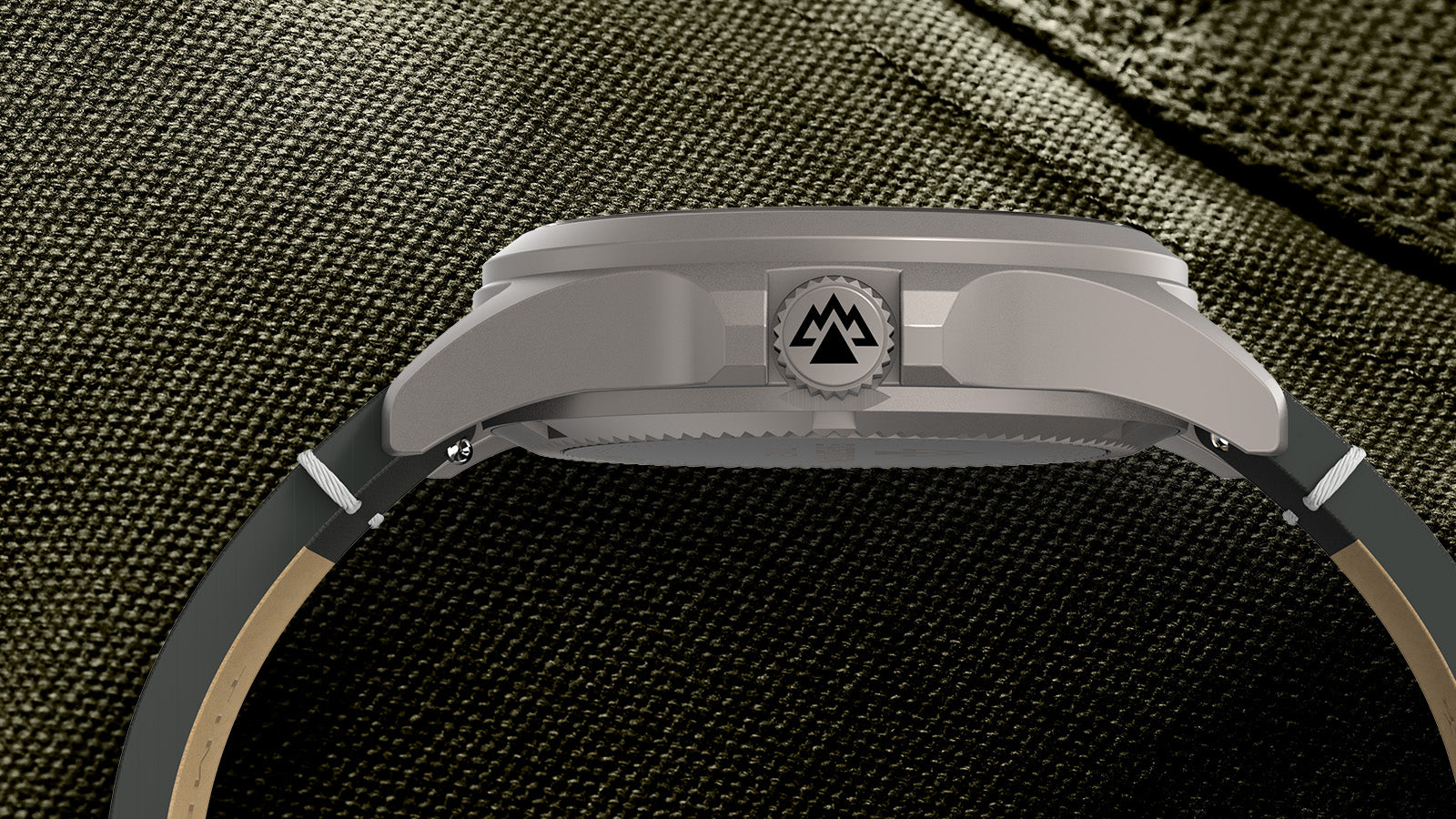 Side profile of the Timex Expedition Titanium watch showing the engraved crown with the Expedition North mountain logo and sleek titanium case.