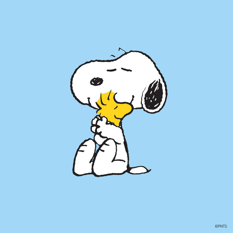 Snoopy hugging Woodstock on a blue background.
