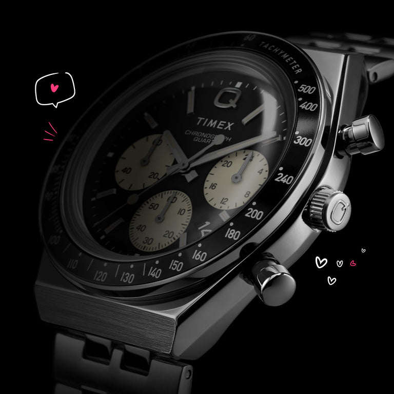 Q Timex Chronograph on Black Background with hearts
