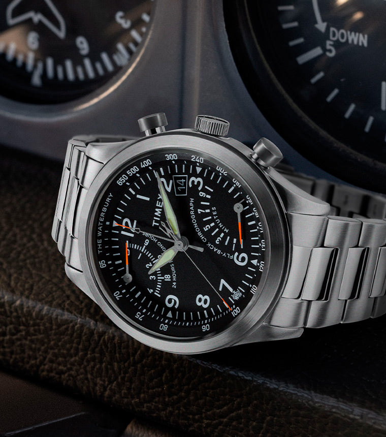 Waterbury Traditional Fly Back Chronograph Stainless Steel Watch in a Plain Speedometer