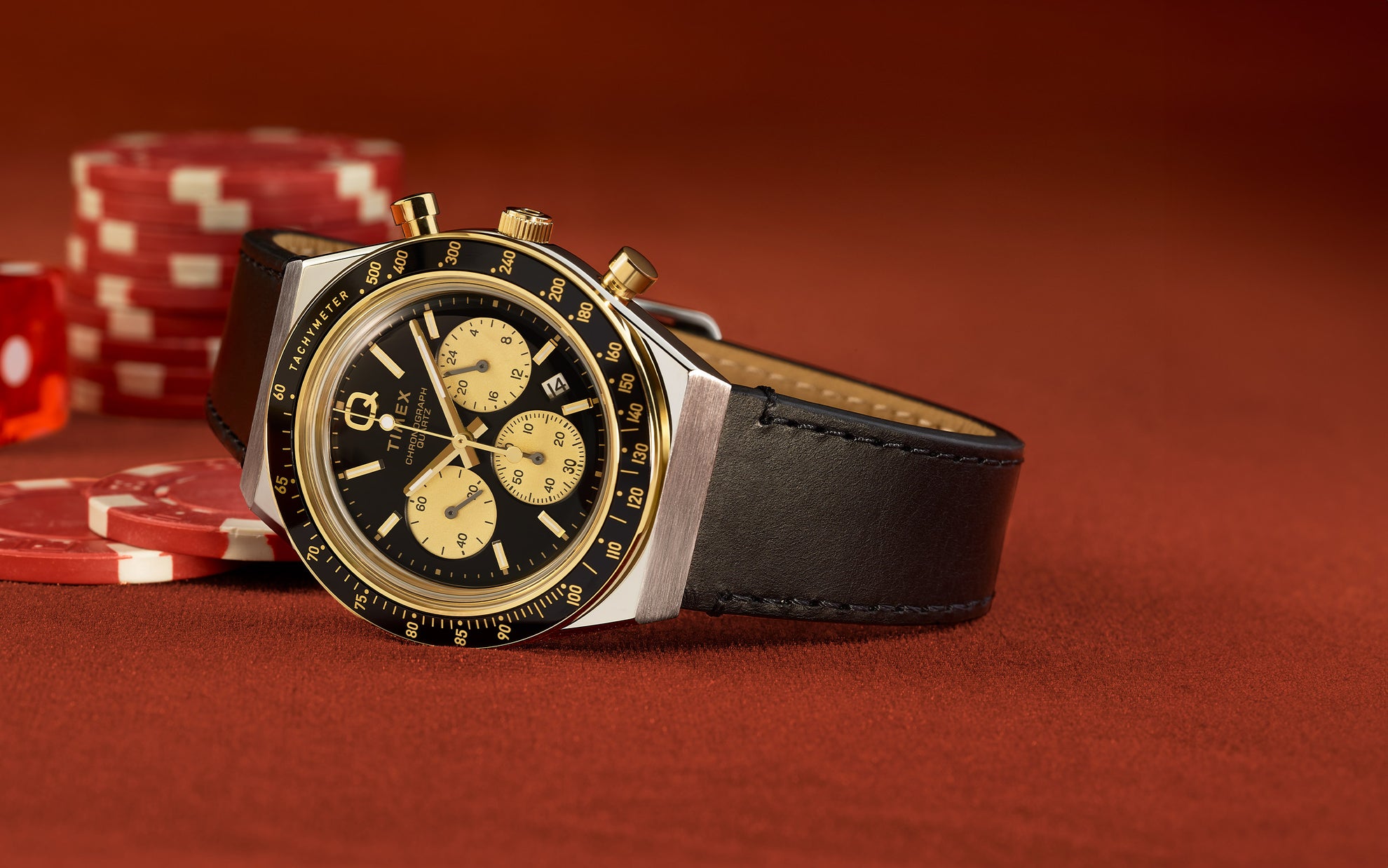 Q Timex® Chronograph 40mm Black Leather Strap Watch