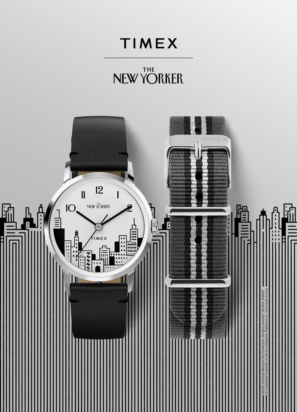 A promotional image featuring the Timex x The New Yorker Marlin® Hand-Wound watch alongside an alternate gray and black striped fabric strap. The backdrop includes a stylized, black-and-white cityscape illustration. The logos of "Timex" and "The New Yorker" are prominently displayed at the top.