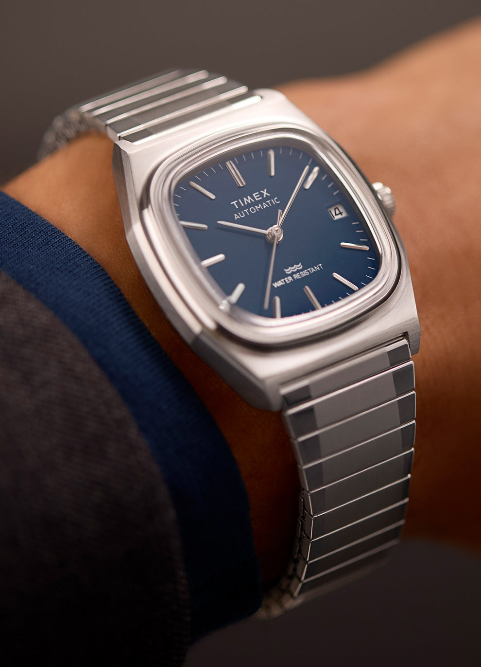Timex® Automatic 1983 E-Line 34mm Stainless Steel Expansion Band Watch in a Wrist