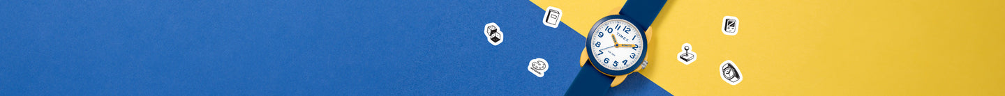 A stylish blue and yellow background featuring a Timex kids' analog watch with a blue strap and a white watch face. Surrounding the watch are small black-and-white illustrated icons representing activities like gaming, writing, and reading.