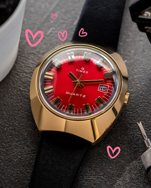 Q 1972 Reissue with Red Dial and black background with hearts for valentine's day