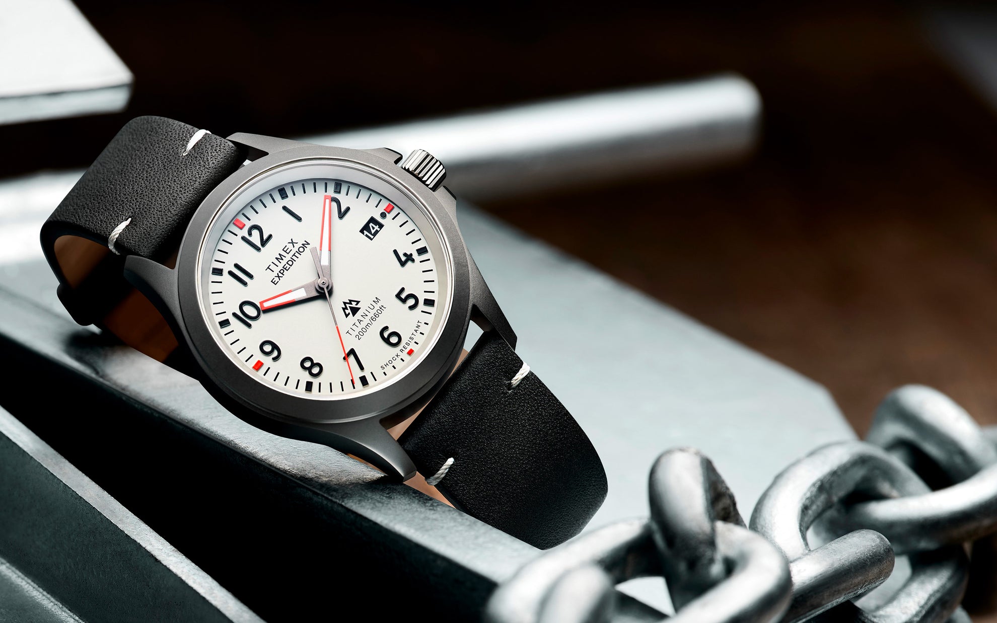Expedition Titanium QA (38mm) Light Gray Dial and Black Leather laid beautifully in a steel with some steel chain in the side