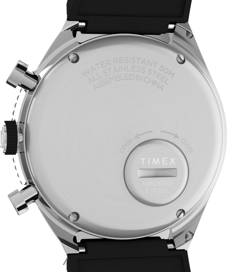 TW2V70000 Q Timex 3-Time Zone Chronograph 40mm Synthetic Rubber Strap Watch Caseback Image