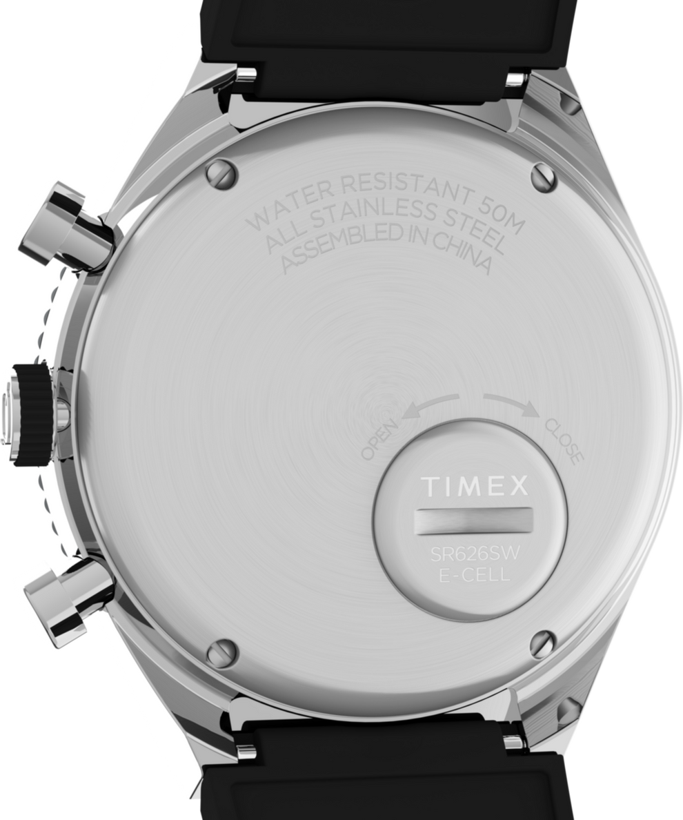 TW2V70000 Q Timex 3-Time Zone Chronograph 40mm Synthetic Rubber Strap Watch Caseback Image