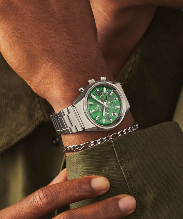 TW2W33600 Q Timex® Falcon Eye Chronograph 40mm Stainless Steel Bracelet Alt Wrist Shot 1 Image