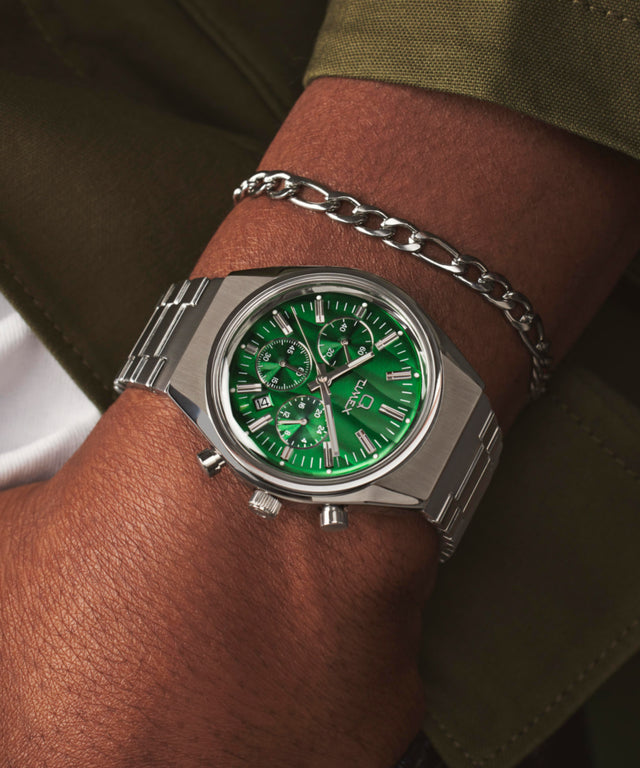 TW2W33600 Q Timex® Falcon Eye Chronograph 40mm Stainless Steel Bracelet Alt Wrist Shot 2 Image