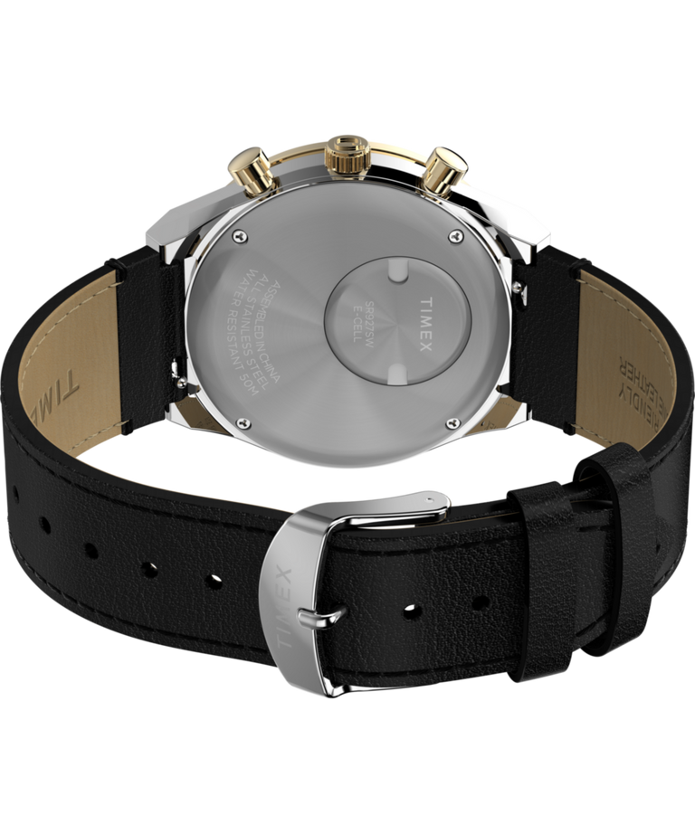 TW2W64300 Q Timex® Chronograph 40mm Leather Strap Watch Caseback with Attachment Image