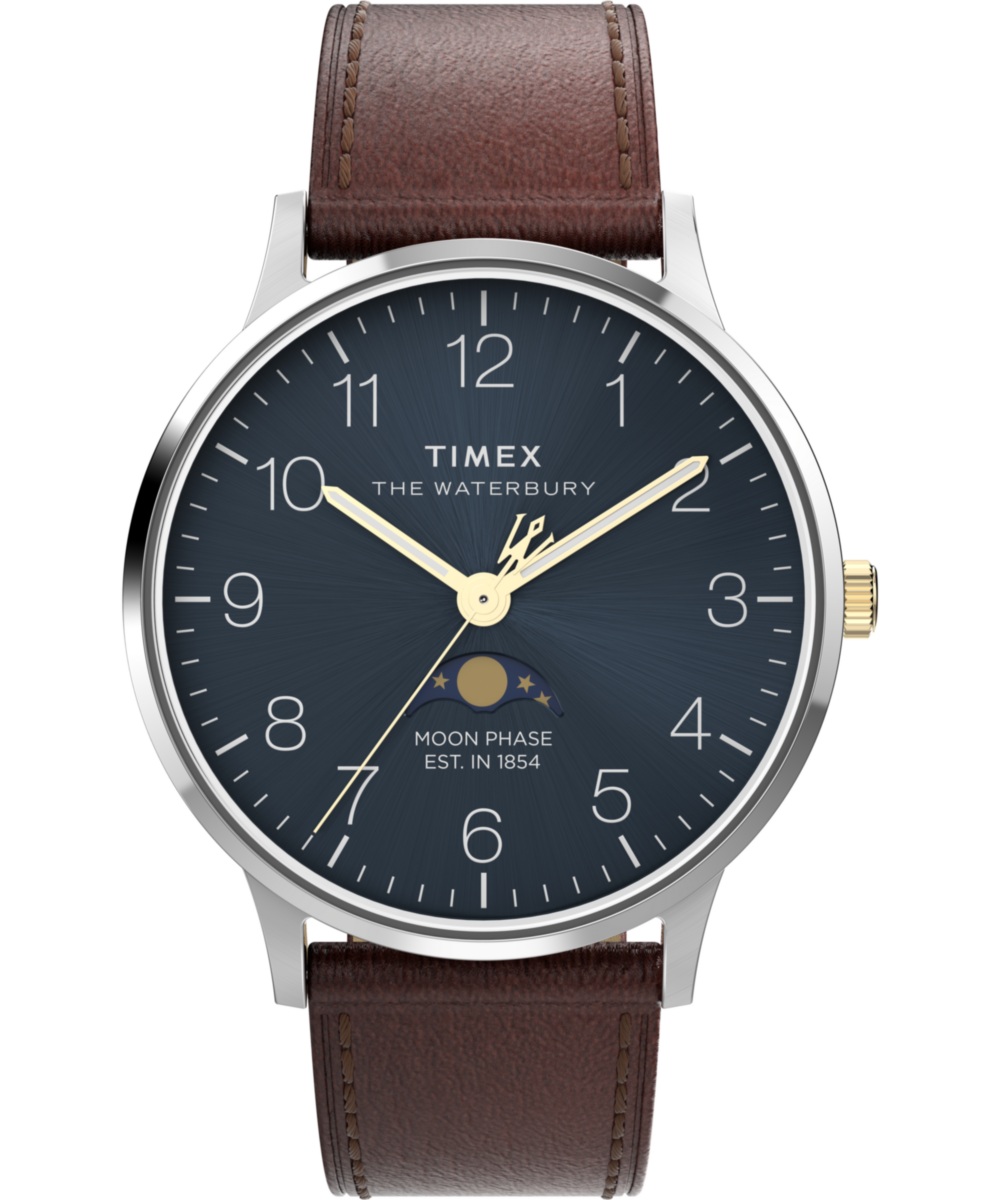 TIMEX ムーンフェイズ アナログ腕時計 Waterbury Classic Moon Phase 40mm Leather Strap Watch