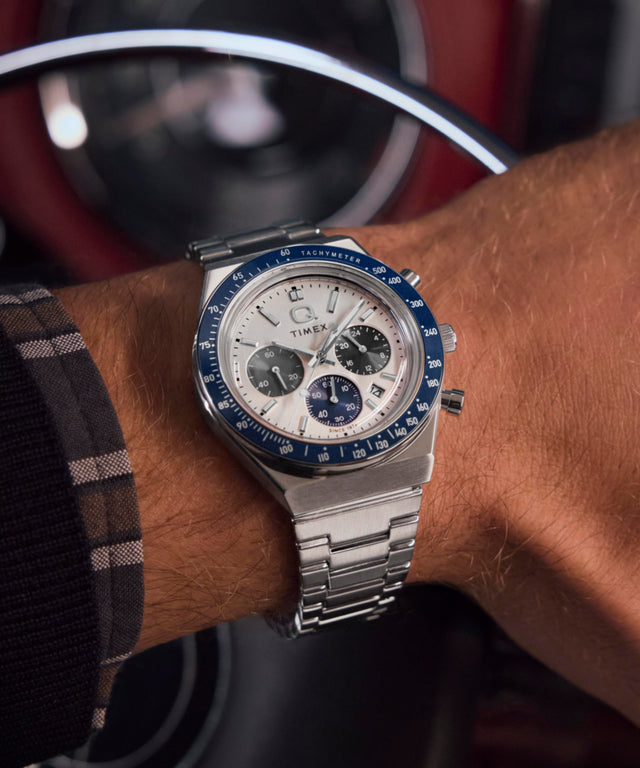 TW2Y36200 Q Timex® Chronograph 40mm Stainless Steel Bracelet Watch Primary Wrist Image