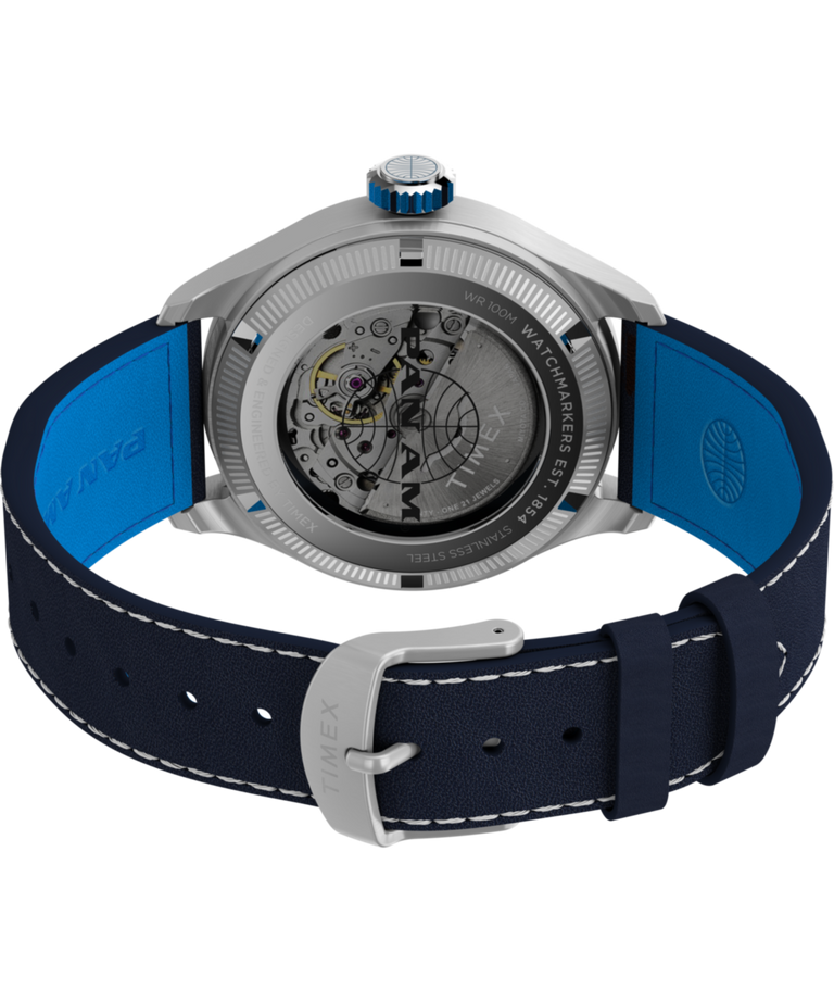 TW2Y38800 Timex x Pan Am® Waterbury Automatic Ace 41mm Leather Strap Watch Caseback with Attachment Image