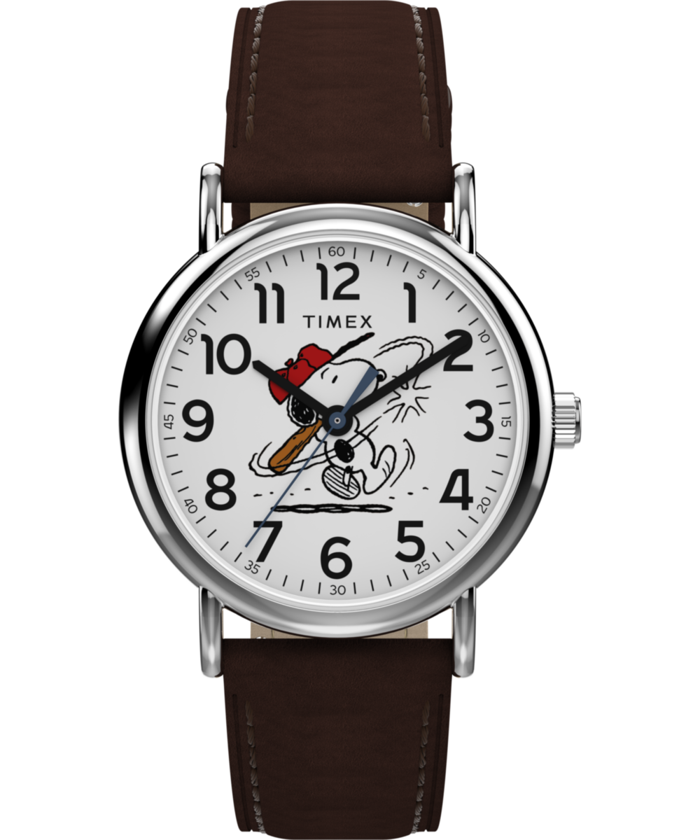 【T】TIMEX 自動巻き腕時計　稼働品　箱付き Peanuts® x Timex Weekender Baseball 38mm Leather Strap Watch
