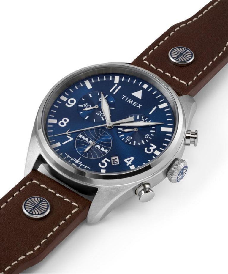 TWG030000 Timex X Pan Am Chronograph 42mm Leather Strap Watch Collab Additional Image