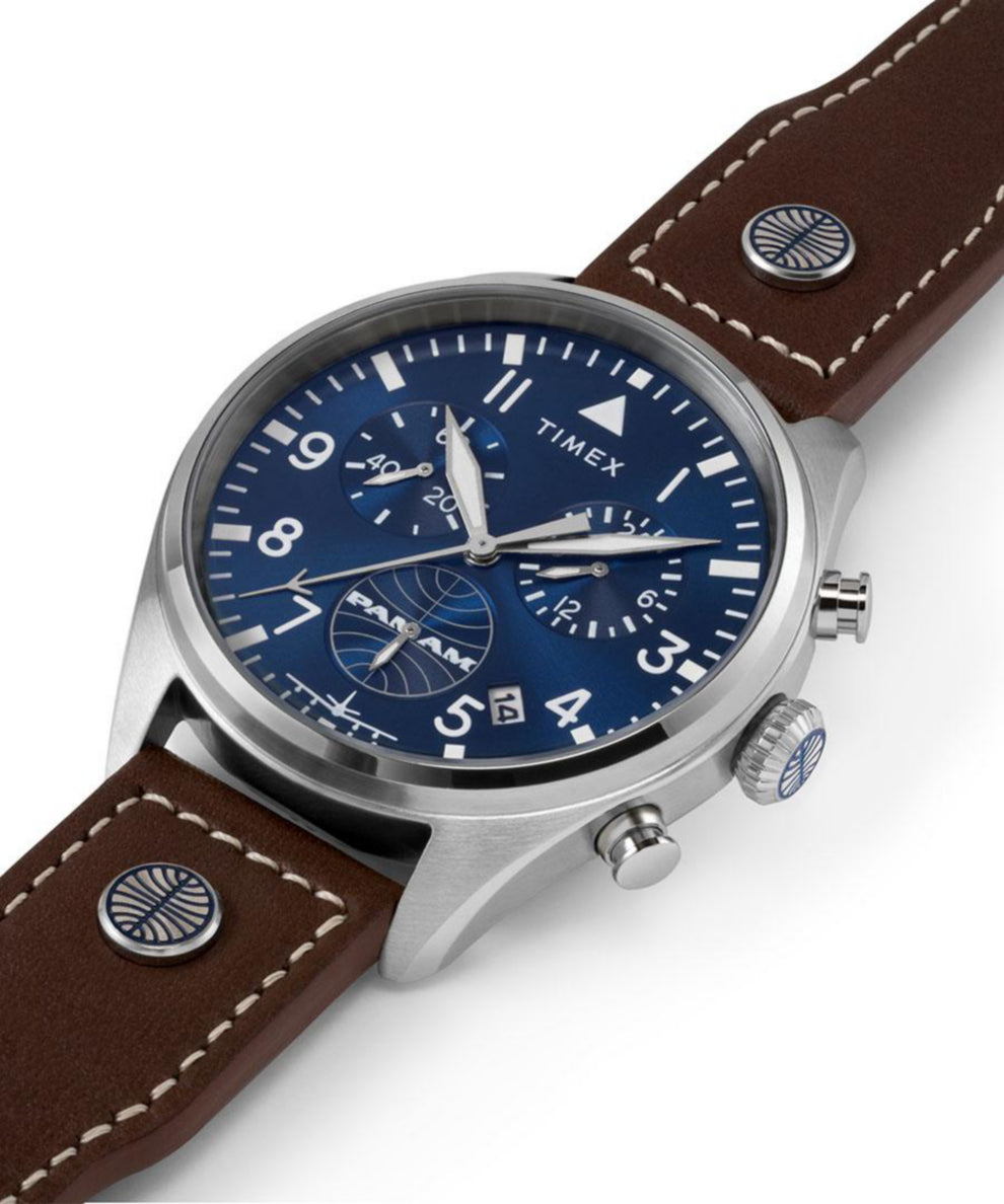 TWG030000 Timex X Pan Am Chronograph 42mm Leather Strap Watch Collab Additional Image