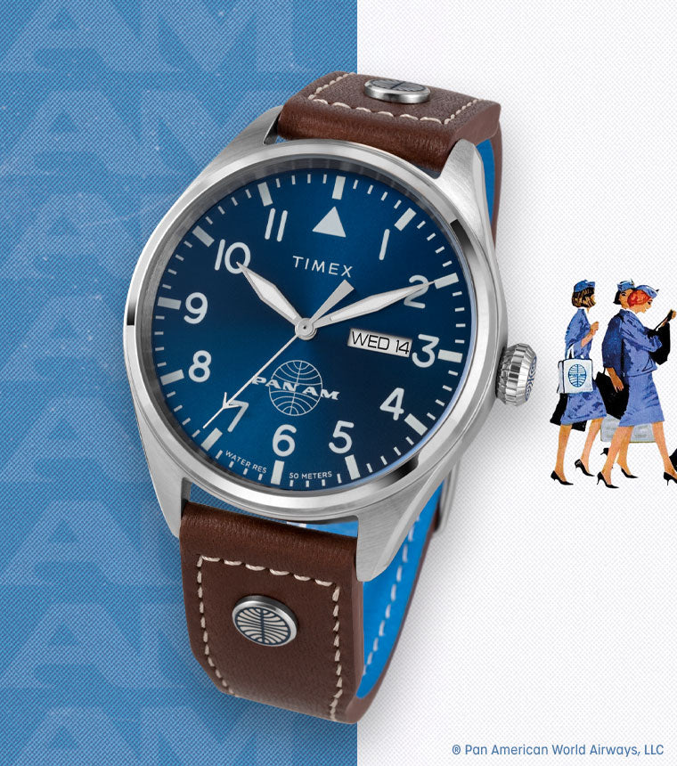 Timex X Pan Am Day-Date 42mm Leather Strap Watch - TWG030100