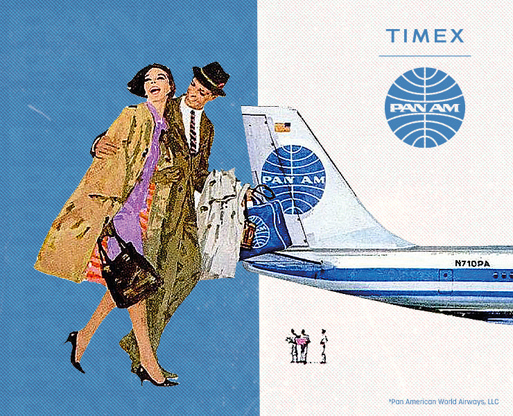 A retro-style travel illustration of a smiling couple in mid-century fashion walking away from a Pan Am airplane tail, with the Timex and Pan Am logos above.