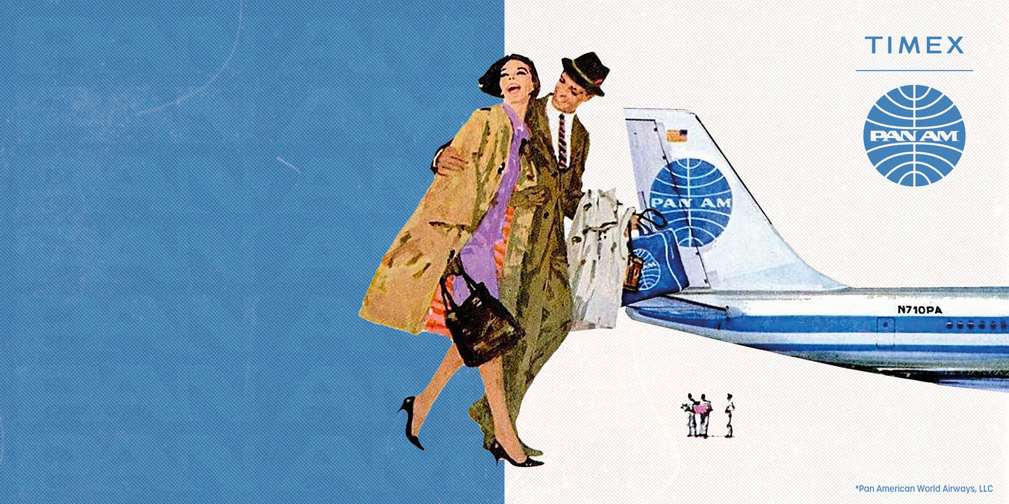 A retro-style travel illustration of a smiling couple in mid-century fashion walking away from a Pan Am airplane tail, with the Timex and Pan Am logos above.