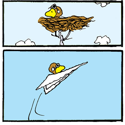 Woodstock, wearing aviator goggles, sits in a nest in the top panel, then flies away on a paper airplane in the bottom panel.