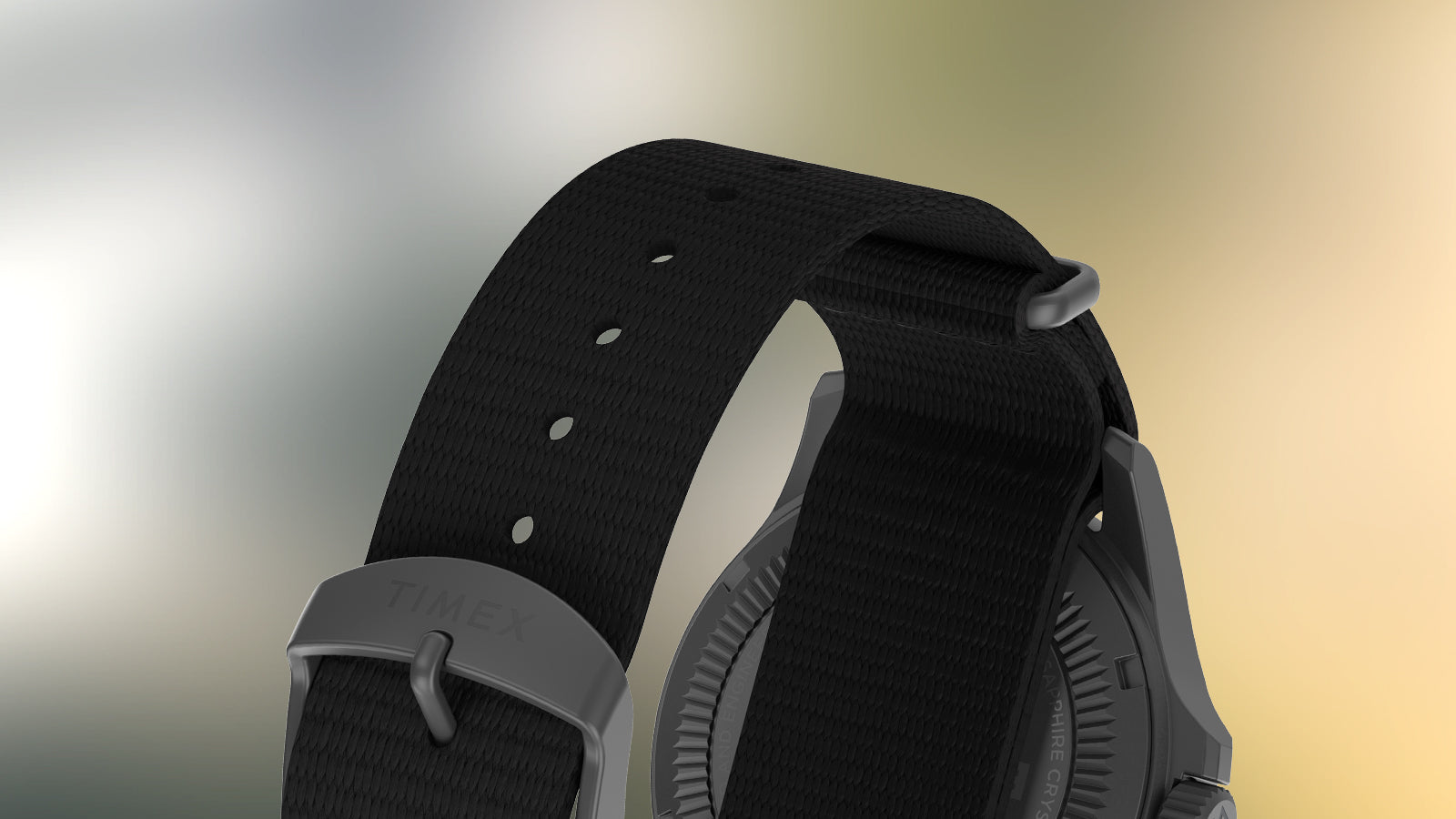 Back view of the rugged black fabric strap with matte buckle engraved with “TIMEX,” highlighting durability and outdoor-ready design.