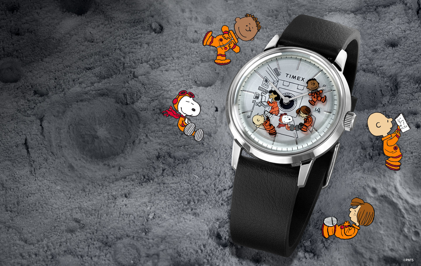 Timex x Peanuts® Marlin® Automatic Space watch with black leather strap and silver-tone case, featuring Snoopy, Charlie Brown, and other Peanuts characters in orange space suits on the dial. The watch is set against a textured lunar surface background, with cartoon Peanuts astronauts floating around the watch.
