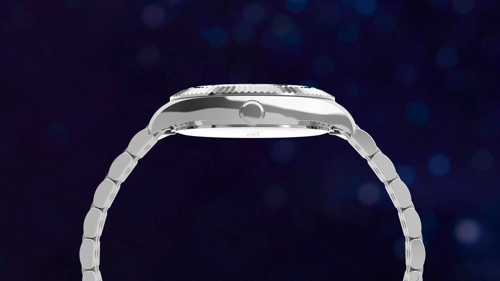 Side profile view of the Timex Legacy watch showcasing its slim, polished stainless-steel case, ridged bezel, and linked bracelet against a dark blue background.