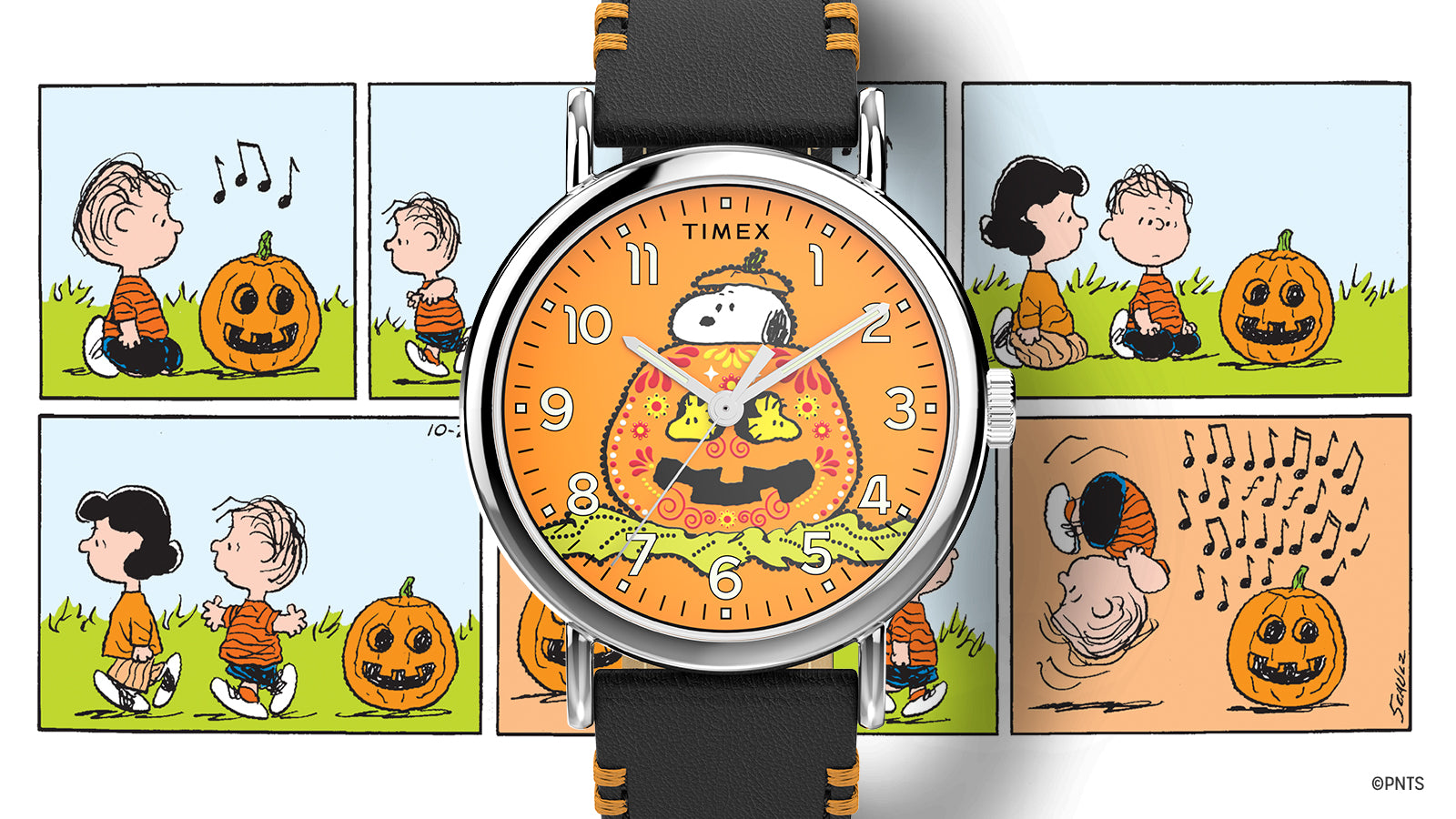 Timex x Peanuts® Weekender Pumpkin Dial watch close-up, featuring Snoopy on a jack-o’-lantern with colorful detailing. Background shows Peanuts Halloween comic panels with Linus, Lucy, and the pumpkin.