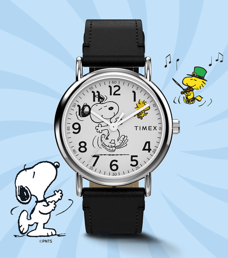 Timex x Peanuts® Weekender Snoopy Dancing 38mm Leather Strap Watch